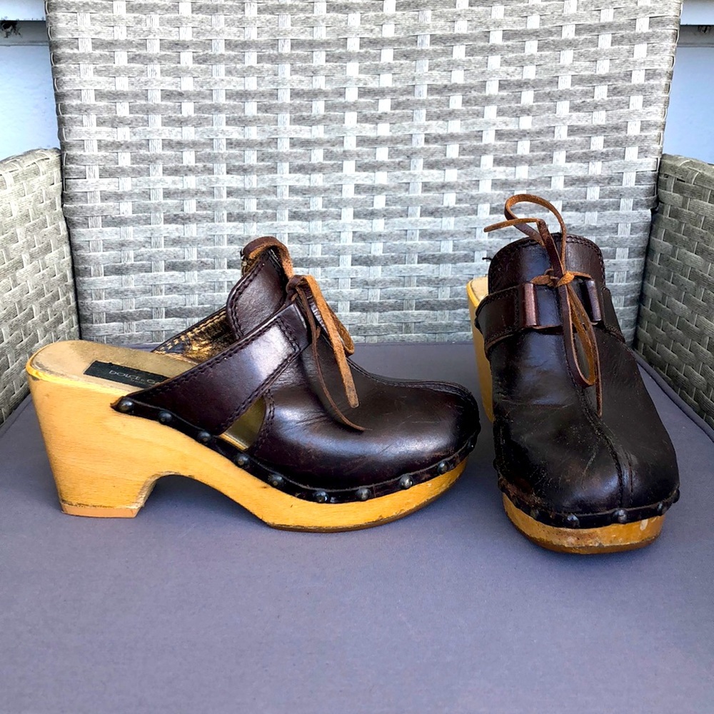 Dolce & Gabbana studded leather dark brown, wood sole, clogs size 37.